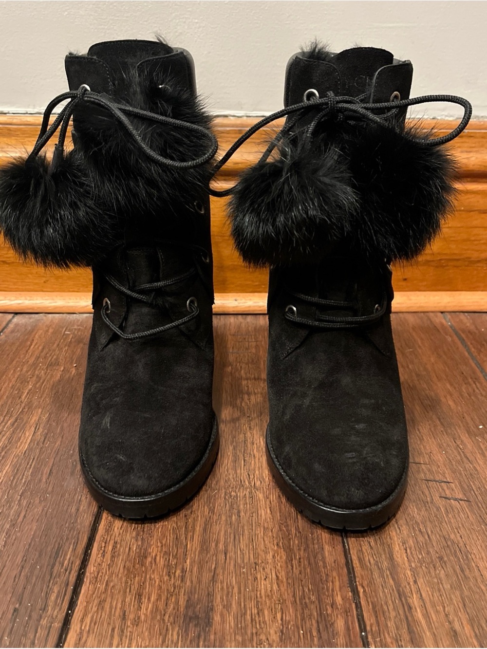 Jimmy Choo Black Suede Lace-Up Ankle Boots with Faux Fur Pom Trim